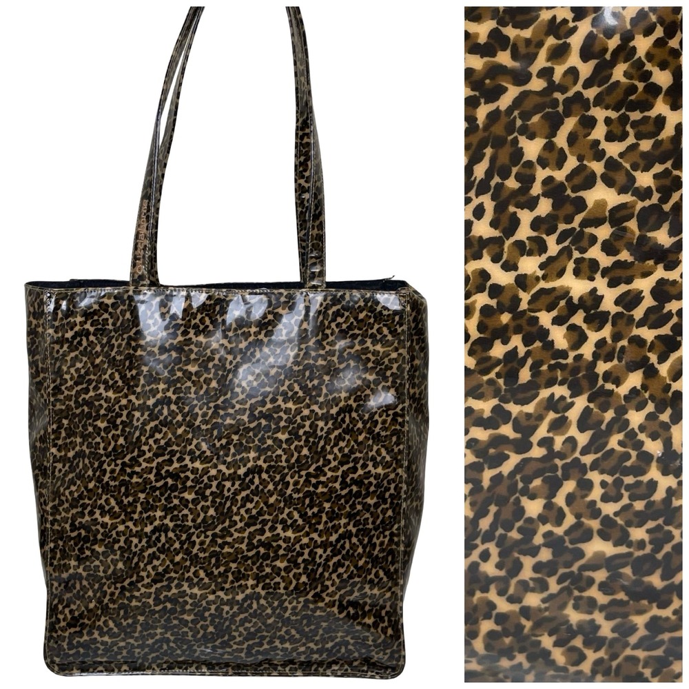 Vintage Liz Claiborne Tote Bag Brown‎ Leopard Animal Print Glossy Patent Y2K